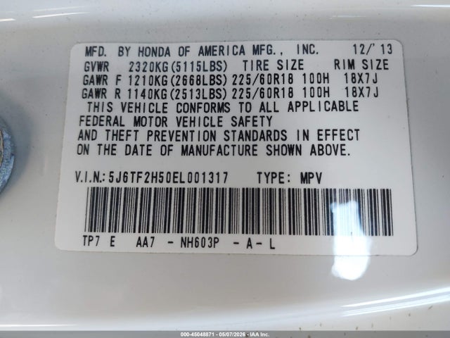 Продаж на аукціоні авто 2014 Honda Crosstour Ex-l V6, vin: 5J6TF2H50EL001317, номер лоту: 45048871