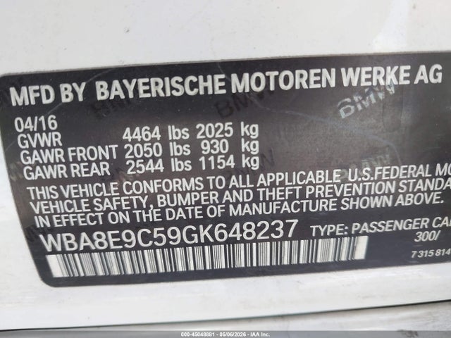 Aukcja sprzedaży 2016 Bmw 3 Series 328i, vin: WBA8E9C59GK648237, numer aukcji: 45048881