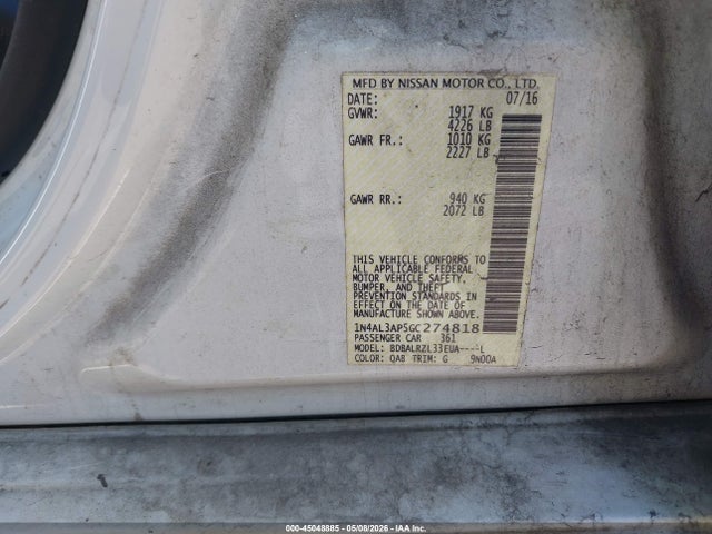 Aukcja sprzedaży 2016 Nissan Altima 2.5 Sl, vin: 1N4AL3AP5GC274818, numer aukcji: 45048885