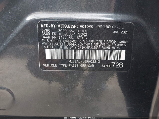 Aukcja sprzedaży 2024 Mitsubishi Mirage Es/le, vin: ML32AUHJ8RH022131, numer aukcji: 45048890