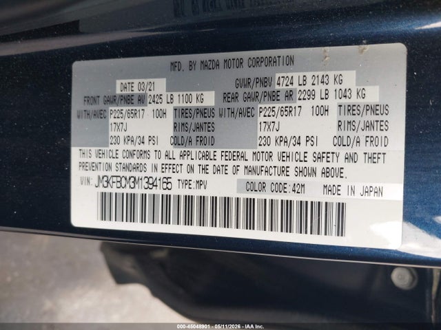 Aukcja sprzedaży 2021 Mazda Cx-5 Touring, vin: JM3KFBCM3M1394165, numer aukcji: 45048901