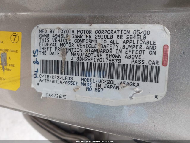 Aukcja sprzedaży 2000 Lexus Ls 400, vin: JT8BH28F1Y0179679, numer aukcji: 45048906