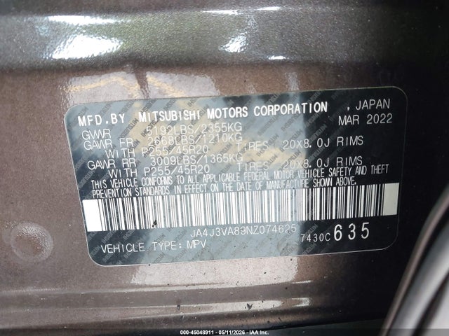 Aukcja sprzedaży 2022 Mitsubishi Outlander Sel 2.5 2wd/sel Special Edition 2wd, vin: JA4J3VA89NZ074625, numer aukcji: 45048911