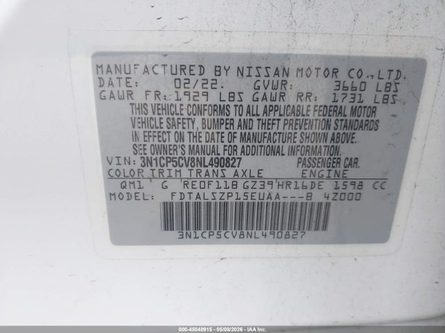 Aukcja sprzedaży 2022 Nissan Kicks Sv Xtronic Cvt, vin: 3N1CP5CV8NL490827, numer aukcji: 45048915