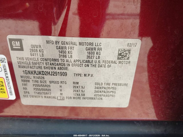 Aukcja sprzedaży 2017 Chevrolet Traverse Premier, vin: 1GNKRJKD2HJ291909, numer aukcji: 45048917
