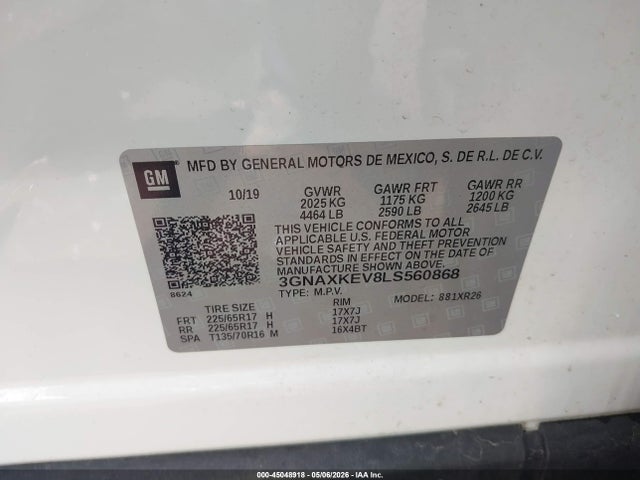 Продажа на аукционе авто 2020 Chevrolet Equinox Fwd Lt 1.5l Turbo, vin: 3GNAXKEV8LS560868, номер лота: 45048918