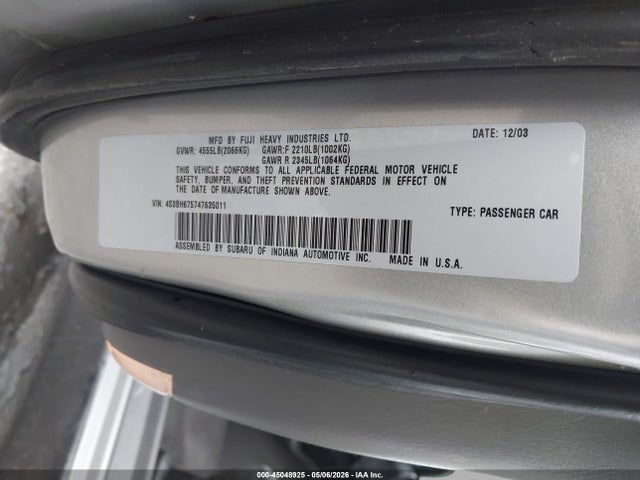 45048925 :رقم المزاد ، 4S3BH675747635011 vin ، 2004 Subaru Outback مزاد بيع