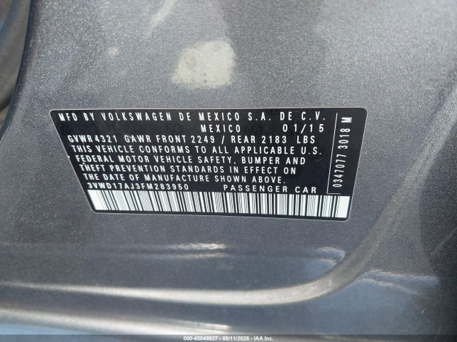2015 Volkswagen Jetta 1.8t Se მანქანა იყიდება აუქციონზე, vin: 3VWD17AJ3FM283950, აუქციონის ნომერი: 45048927