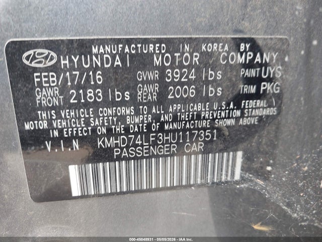 KMHD74LF3HU117351 Hyundai ELANTRA SE