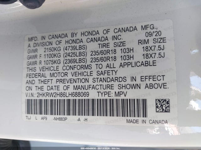 Продажа на аукционе авто 2020 Honda Cr-v Awd Ex-l, vin: 2HKRW2H86LH688069, номер лота: 45048938
