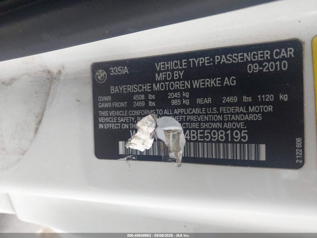 Aukcja sprzedaży 2011 Bmw 335i, vin: WBAKG7C54BE598195, numer aukcji: 45048962