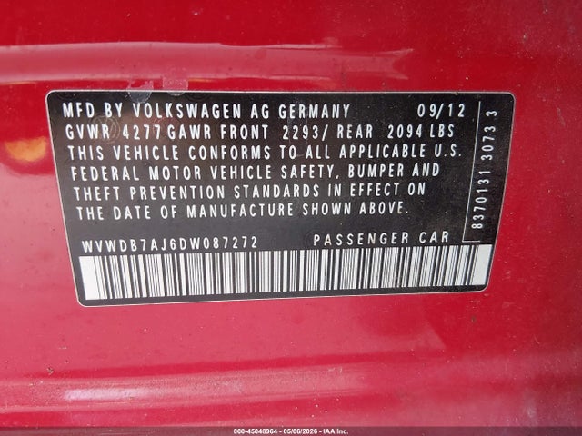 45048964 :رقم المزاد ، WVWDB7AJ6DW087272 vin ، 2013 Volkswagen Golf 2.5l 4-door مزاد بيع