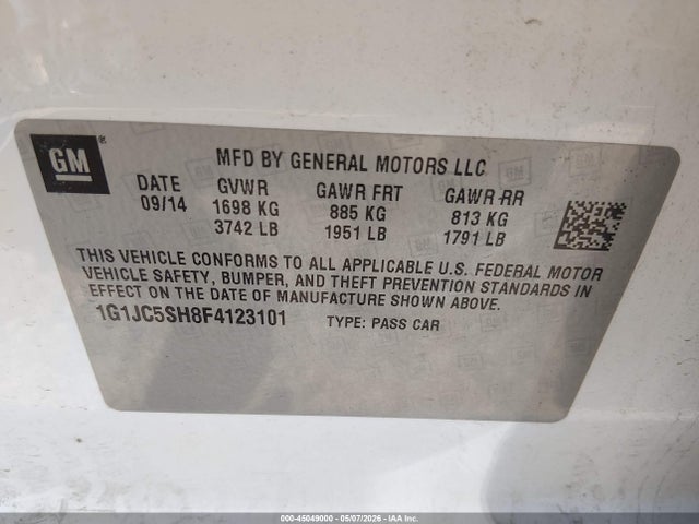 Продажа на аукционе авто 2015 Chevrolet Sonic Lt Auto, vin: 1G1JC5SH8F4123101, номер лота: 45049000