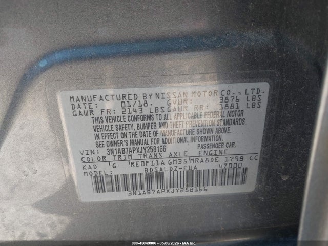 Aukcja sprzedaży 2018 Nissan Sentra Sv, vin: 3N1AB7APXJY258166, numer aukcji: 45049006