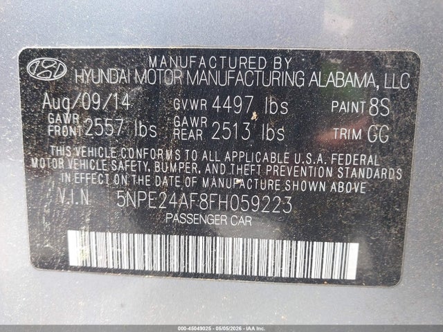 Aukcja sprzedaży 2015 Hyundai Sonata Se, vin: 5NPE24AF8FH059223, numer aukcji: 45049025