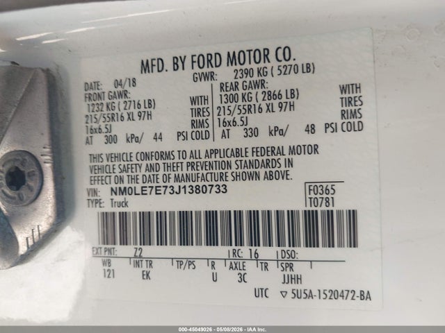 45049026 :رقم المزاد ، NM0LE7E73J1380733 vin ، 2018 Ford Transit Connect Xl مزاد بيع