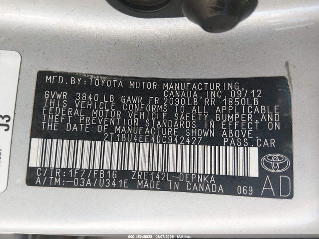 45049028 :رقم المزاد ، 2T1BU4EE4DC942427 vin ، 2013 Toyota Corolla Le مزاد بيع