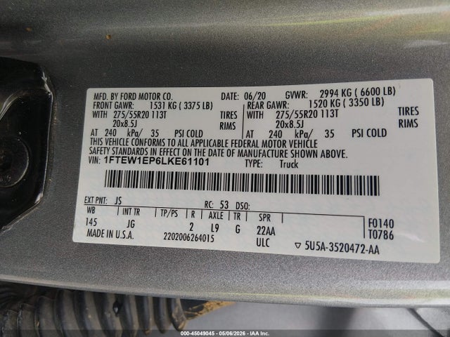 Продаж на аукціоні авто 2020 Ford F-150 Xl, vin: 1FTEW1EP6LKE61101, номер лоту: 45049045