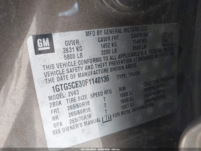 45049048 :رقم المزاد ، 1GTG5CE30F1140136 vin ، 2015 Gmc Canyon Slt مزاد بيع
