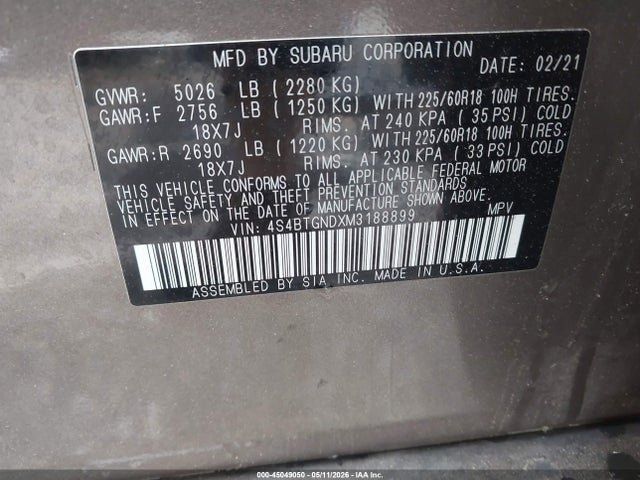Продажа на аукционе авто 2021 Subaru Outback Limited Xt, vin: 4S4BTGNDXM3188899, номер лота: 45049050