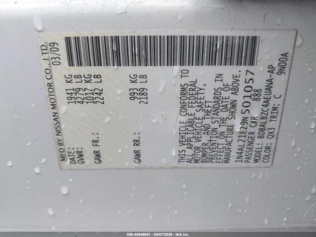 2009 Nissan Altima 2.5 S მანქანა იყიდება აუქციონზე, vin: 1N4AL21E29N501057, აუქციონის ნომერი: 45049051