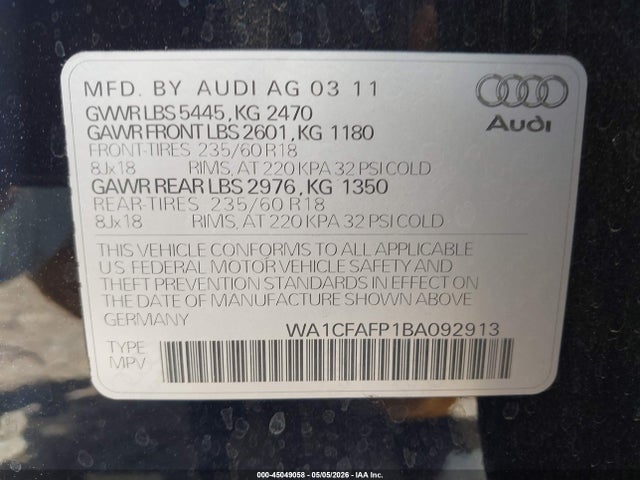 Продаж на аукціоні авто 2011 Audi Q5 2.0t Premium, vin: WA1CFAFP1BA092913, номер лоту: 45049058