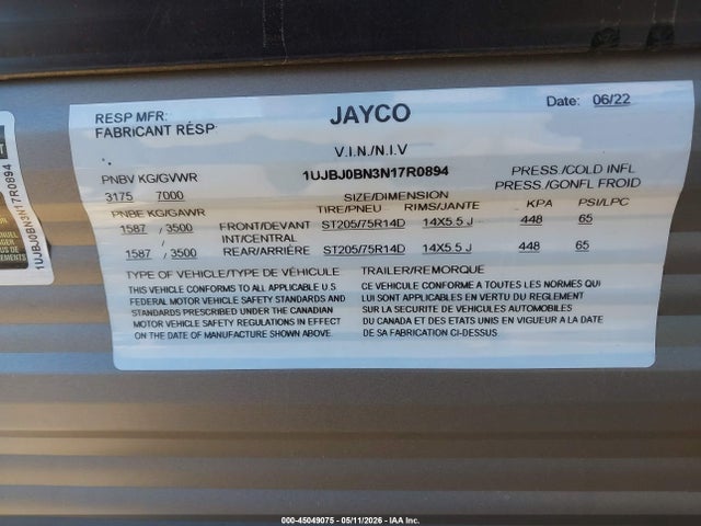 Продажа на аукционе авто 2022 Jayco Slx, vin: 1UJBJ0BN3N17R0894, номер лота: 45049075