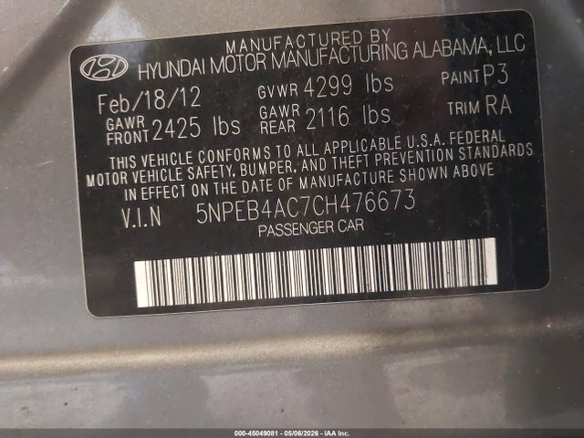 Продажа на аукционе авто 2012 Hyundai Sonata Gls, vin: 5NPEB4AC7CH476673, номер лота: 45049081