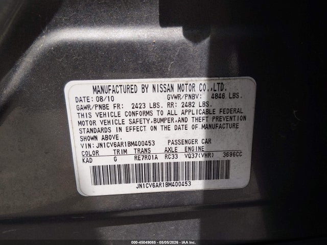 Aukcja sprzedaży 2011 Infiniti G37x, vin: JN1CV6AR1BM400453, numer aukcji: 45049085