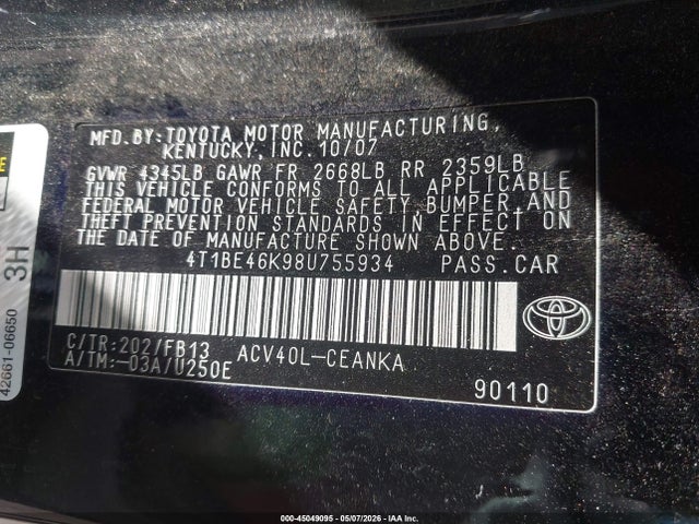 2008 Toyota Camry Ce/le/xle/se მანქანა იყიდება აუქციონზე, vin: 4T1BE46K98U755934, აუქციონის ნომერი: 45049095