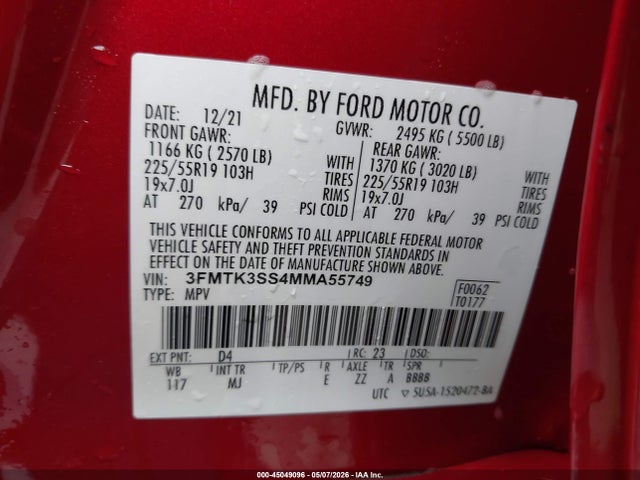 Продажа на аукционе авто 2021 Ford Mustang Mach-e Premium, vin: 3FMTK3SS4MMA55749, номер лота: 45049096