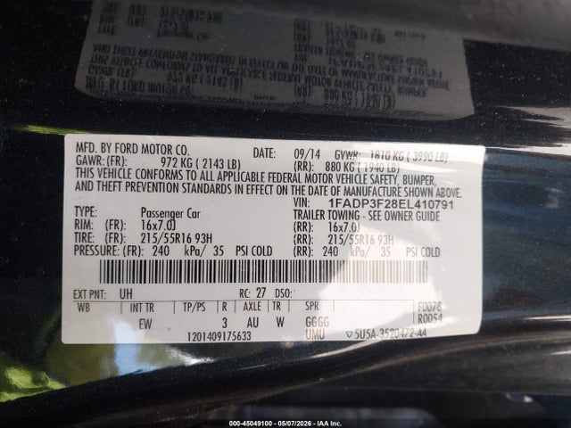 2014 Ford Focus Se მანქანა იყიდება აუქციონზე, vin: 1FADP3F28EL410791, აუქციონის ნომერი: 45049100