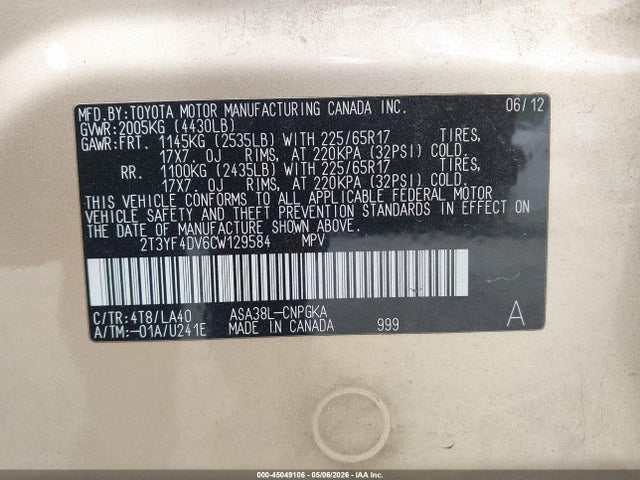 Продажа на аукционе авто 2012 Toyota Rav4 Limited, vin: 2T3YF4DV6CW129584, номер лота: 45049106