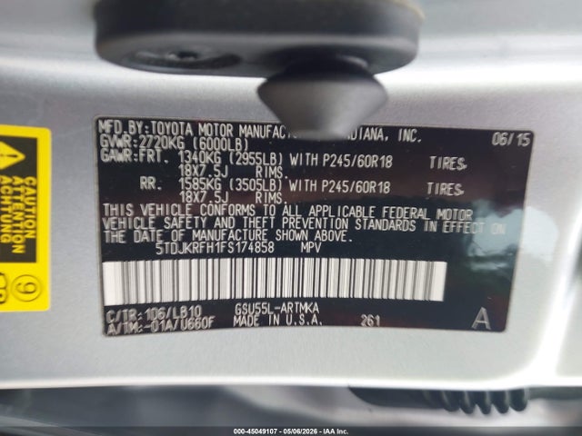 2015 Toyota Highlander Xle V6 მანქანა იყიდება აუქციონზე, vin: 5TDJKRFH1FS174858, აუქციონის ნომერი: 45049107