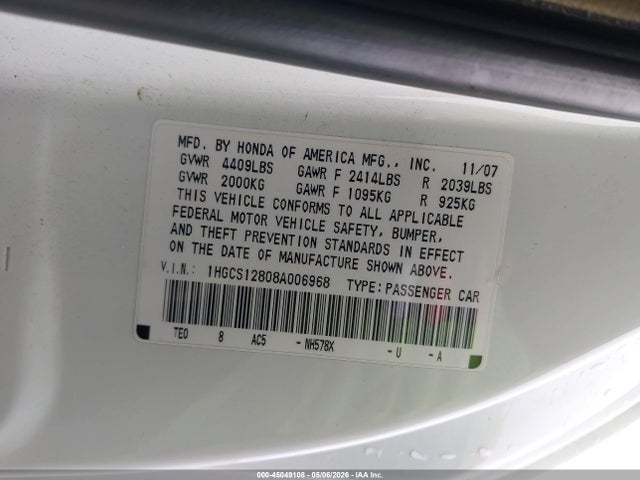 Aukcja sprzedaży 2008 Honda Accord 2.4 Ex-l, vin: 1HGCS12808A006968, numer aukcji: 45049108