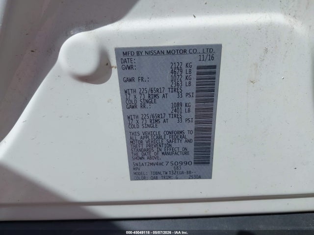 45049118 :رقم المزاد ، 5N1AT2MV4HC750990 vin ، 2017 Nissan Rogue Sv مزاد بيع