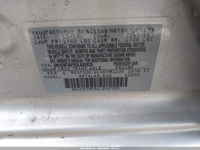 Nissan Versa 1.6 S 2016 3N1CN7AP3GL842933 Image 9