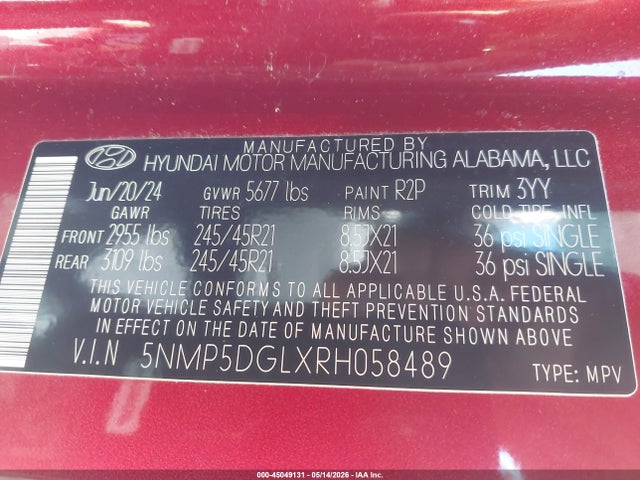 Aukcja sprzedaży 2024 Hyundai Santa Fe Calligraphy, vin: 5NMP5DGLXRH058489, numer aukcji: 45049131