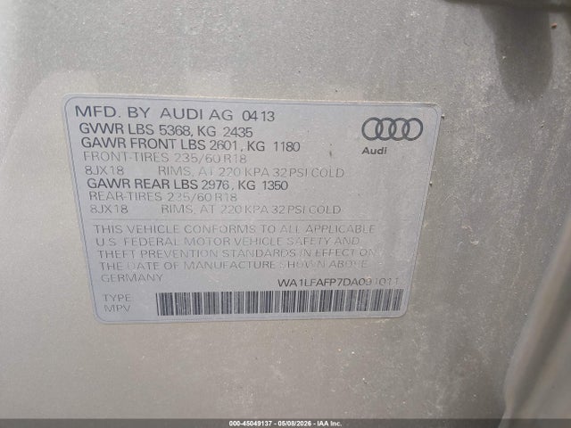 Aukcja sprzedaży 2013 Audi Q5 2.0t Premium, vin: WA1LFAFP7DA091011, numer aukcji: 45049137