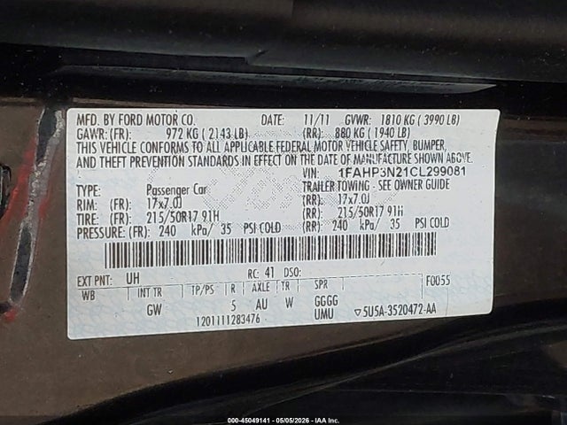 45049141 :رقم المزاد ، 1FAHP3N21CL299081 vin ، 2012 Ford Focus Titanium مزاد بيع