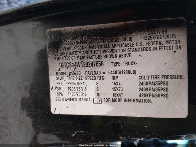 45049142 :رقم المزاد ، 1GTCS14W128247656 vin ، 2002 Gmc Sonoma Sl مزاد بيع