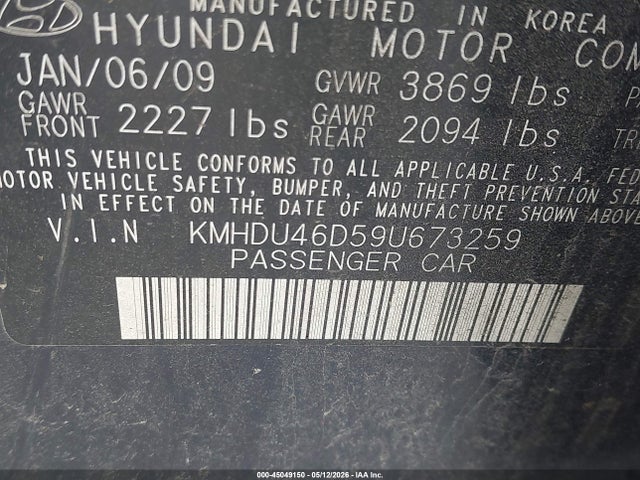 2009 Hyundai Elantra Gls მანქანა იყიდება აუქციონზე, vin: KMHDU46D59U673259, აუქციონის ნომერი: 45049150
