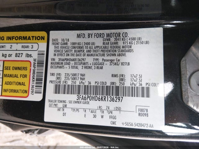 Продажа на аукционе авто 2019 Ford Fusion Se, vin: 3FA6P0HD6KR136297, номер лота: 45049154