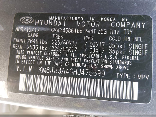 Aukcja sprzedaży 2017 Hyundai Tucson Se Plus, vin: KM8J33A46HU475599, numer aukcji: 45049163