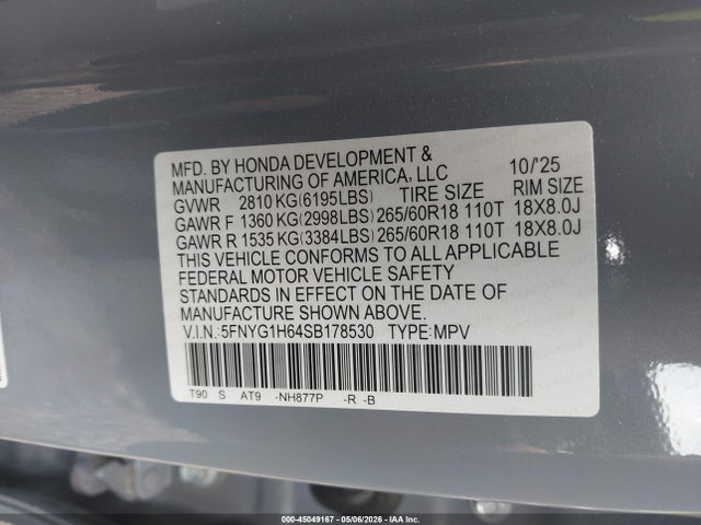 Продаж на аукціоні авто 2025 Honda Pilot Trailsport, vin: 5FNYG1H64SB178530, номер лоту: 45049167