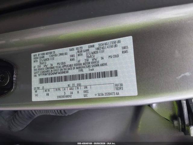 Продаж на аукціоні авто 2022 Ford F-150 Lariat, vin: 1FTFW1ED6NFA59830, номер лоту: 45049169