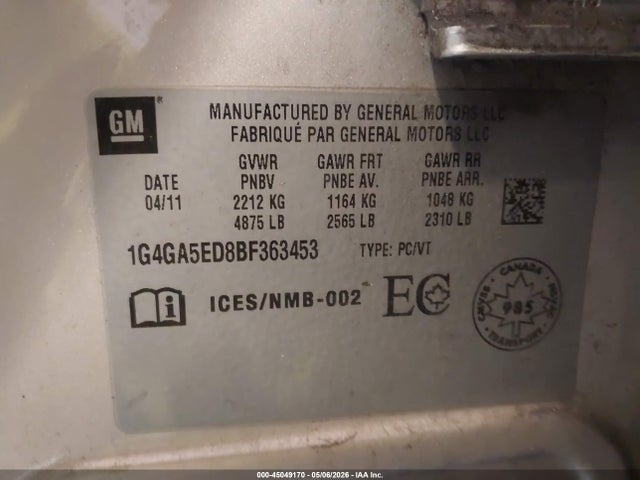 45049170 :رقم المزاد ، 1G4GA5ED8BF363453 vin ، 2011 Buick Lacrosse Cx مزاد بيع