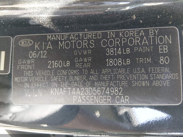45049179 :رقم المزاد ، KNAFT4A23D5674982 vin ، 2013 Kia Forte Lx مزاد بيع