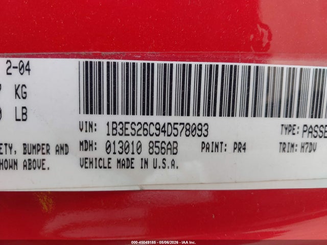 Продажа на аукционе авто 2004 Dodge Neon Se, vin: 1B3ES26C94D578093, номер лота: 45049185