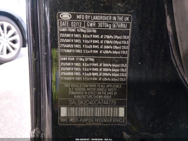 Aukcja sprzedaży 2012 Land Rover Range Rover Sport Hse, vin: SALSK2D40CA744779, numer aukcji: 45049187